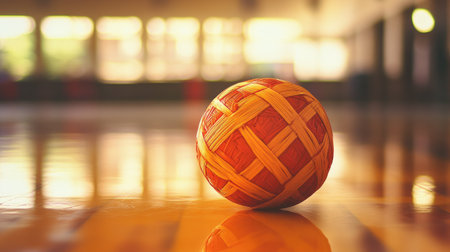 Sepak Takraw ball centered on a gym floor with reflections, showcasing traditional sport equipment.の素材