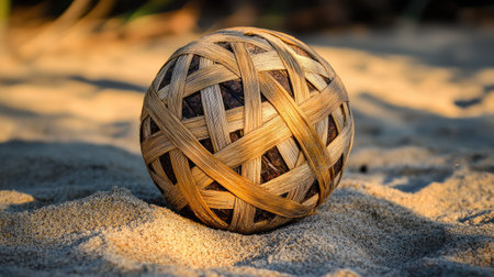 Sepak Takraw ball resting on sand, highlighting the contrast between the woven ball and the rough surface.の素材