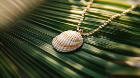 Shell necklace resting on a palm leaf, showcasing the tropical and natural appeal of the beach-inspired jewelryの素材