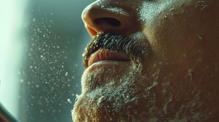 Side view of electric shaver trimming a mustache, showing close contact between shaver and skin.の素材