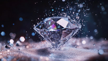 A dazzling diamond in mid-air reflects a prism of colors, surrounded by a sparkling mist of silver diamond dust.の素材