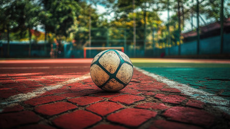Sepak Takraw ball resting on a red and green court with contrasting colors, creating a vibrant scene.の素材