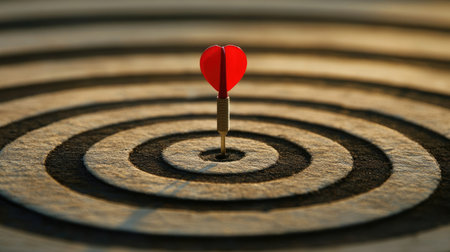 Single red dart precisely in the center of a dartboard, symbolizing the concept of focus and accuracy.の素材