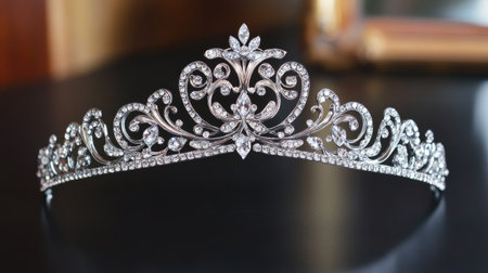 Stunning silver tiara with diamond embellishments, shown on a clean black surface for a dramatic effect.の素材