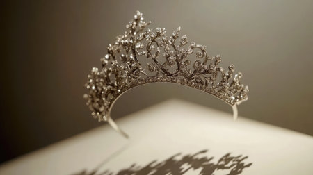 Side view of a diamond-studded silver tiara, capturing the fine craftsmanship against a plain background.の素材