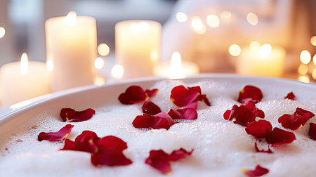 Soft foam and rose petals filling a classic white bathtub, surrounded by candles for a spa-like ambianceの素材