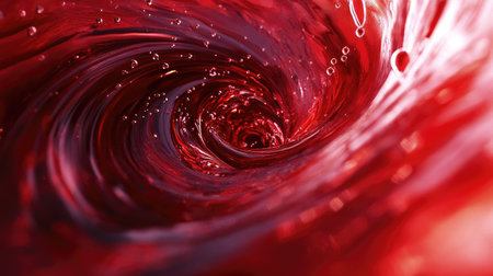 Red wine stream captured mid-pour into a glass, creating a dynamic swirl with droplets and vivid red reflectionsの素材