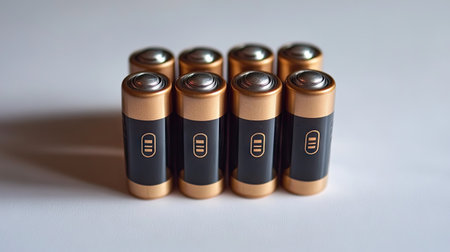 Several alkaline batteries, each facing forward, lined up on a white background.の素材