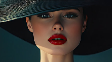 Young woman wearing a classic black hat with bold red lipstick, close-up capturing elegance and mystery.の素材