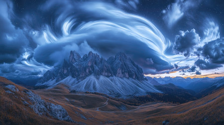 Majestic mountain peaks under a stormy night sky with swirling clouds and scattered stars, adding a sense of grandeur and mystery.の素材