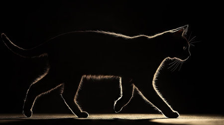 Dark silhouette of a black cat walking against a black background, with only its eyes and slight fur highlights visible for a shadowy effect.の素材