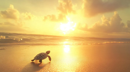 Tiny sea turtle hatchling silhouetted against a bright morning sky as it journeys across the beach to the sea.の素材