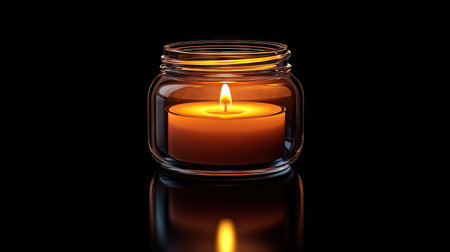 Single candle in a glass jar burning in the dark, soft glow illuminating the jar and creating a cozy ambiance.の素材