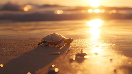 Small turtle hatchling on a beach at sunrise, with golden light reflecting on the sand and ocean in the background.の素材