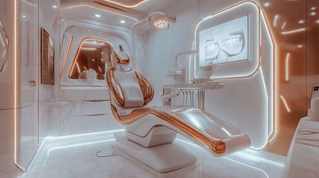 Modern luxury dental chair unit in a sleek, high-tech dental office, showcasing advanced equipment and polished surfaces.の素材