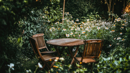 Wooden table and chairs arranged in a lush green garden, surrounded by blooming flowers and foliage for a cozy outdoor seating area.の素材
