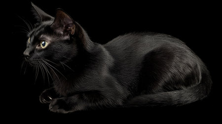 Elegant black cat gazing off to the side with its fur blending seamlessly into the black background, only eyes and whiskers stand out.の素材
