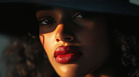 Young woman wearing a black hat, her red lips in focus, with a mysterious expression and shadowed background.の素材
