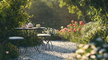 Metal table and chairs with a tea set, placed on a gravel path in a cozy garden nook surrounded by flowers.の素材