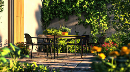 Modern outdoor table and chairs on a garden terrace, surrounded by potted plants and bright green foliage.の素材