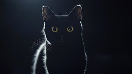 Silhouette of a black cat arching its back against a black background, eyes glowing subtly, exuding an eerie yet beautiful charm.の素材
