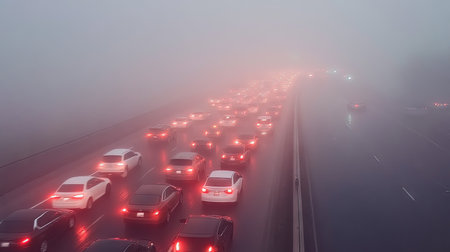 A dense foggy morning commute, with taillights glowing dimly in the distanceの素材