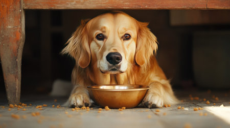A dog holding an empty bowl while sitting under a table with crumbs on the floorの素材