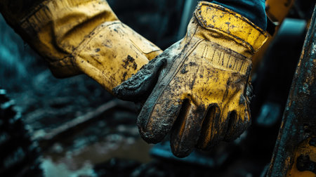 A dramatic close-up of work gloves gripping a piece of heavy machinery, grime smeared across the fabricの素材