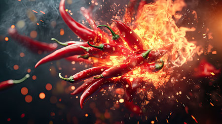 A fiery explosion emerging from a cluster of red hot chili peppers, intense and dynamicの素材