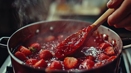 A hand stirring a pot of strawberry jam with a wooden spoon, with vibrant colors of fruit and sugarの素材