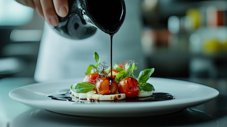 A glossy balsamic glaze being poured from a jug over a fresh Caprese salad on a white plateの素材