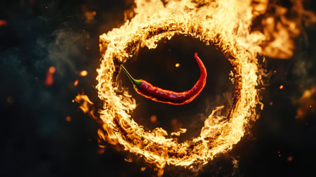 A dynamic shot of a red hot chili pepper being tossed through a ring of fire, action frozen in mid-airの素材