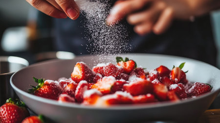 A hand sprinkling sugar over a bowl of freshly chopped strawberries, preparing for jam makingの素材
