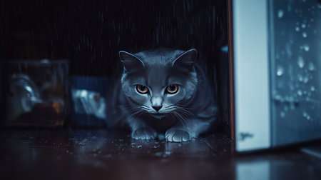 A gray cat huddling under a closet for comfort during a thunderstormの素材