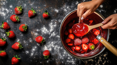 A hand mashing ripe strawberries in a mixing bowl, preparing them for homemade jamの素材