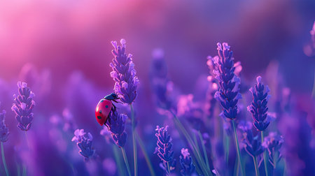 A ladybug on a blooming lavender plant, with purple hues in the backgroundの素材