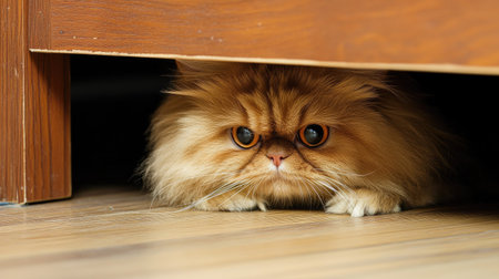 A fluffy Persian cat hiding under a closet, only its face visibleの素材
