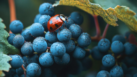 A ladybug walking across a cluster of grapes on a vineの素材
