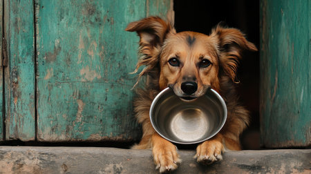 A dog waiting patiently at the doorstep with an empty bowl in its mouthの素材