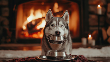 A husky carrying an empty bowl in its mouth in front of a cozy fireplaceの素材
