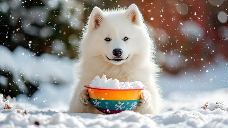 A fluffy Samoyed holding a brightly colored bowl in a snowy outdoor settingの素材