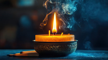 A glowing candle surrounded by burning incense sticks, their smoke forming a halo effectの素材