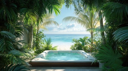 A hot tub framed by tropical palms with a view of the ocean horizonの素材