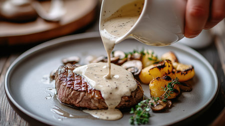A hand pouring creamy mushroom sauce from a white jug onto a plate of steakの素材