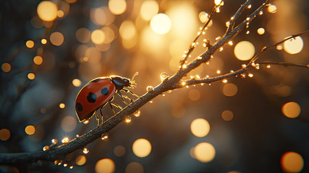 A ladybug climbing up a twig surrounded by soft natural bokehの素材