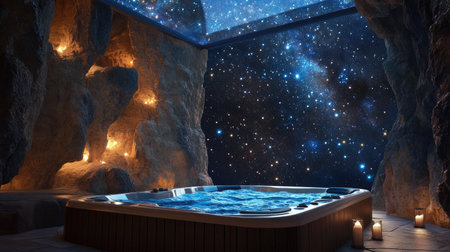 A hot tub spa with a glass roof, offering a view of the night sky filled with starsの素材