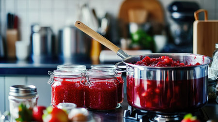 A kitchen setup featuring a large pot, a spatula, and jars filled with vibrant strawberry jamの素材