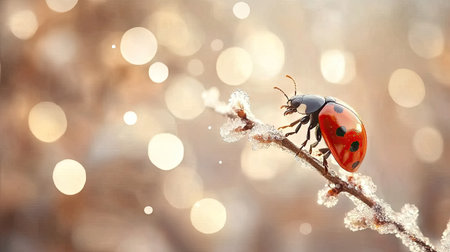 A ladybug climbing up a twig surrounded by soft natural bokehの素材