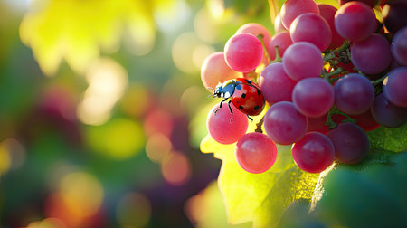 A ladybug walking across a cluster of grapes on a vineの素材
