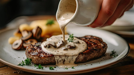A hand pouring creamy mushroom sauce from a white jug onto a plate of steakの素材